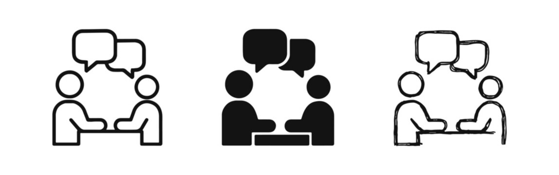 Conversation icon set with two people and speech bubbles in outline, solid, and hand-drawn styles
