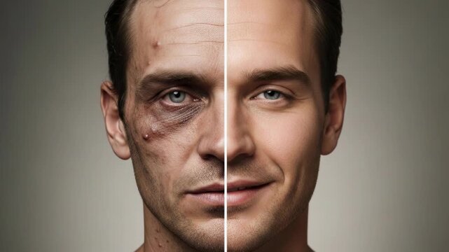 Human face dichotomy, illustrating the detrimental effects of substance abuse and alcohol consumption versus the clear benefits of a balanced, healthy lifestyle