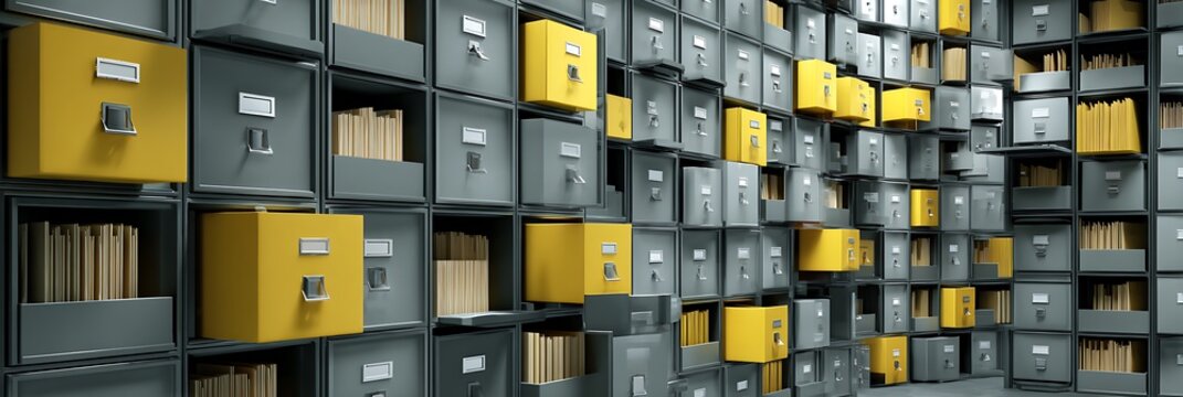 Professional Archive Storage System with Yellow and Grey Filing Cabinets for Efficient Document Management and Secure Data Organization in a Modern Office Environment.