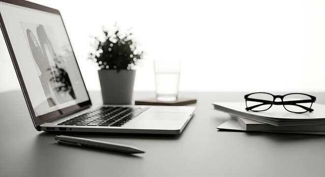 Minimalist workspace setup with laptop plant and glasses for a productive environment