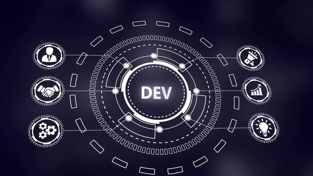 DEV Development Concept with Icons and Futuristic HUD Interface on Dark Background image photo