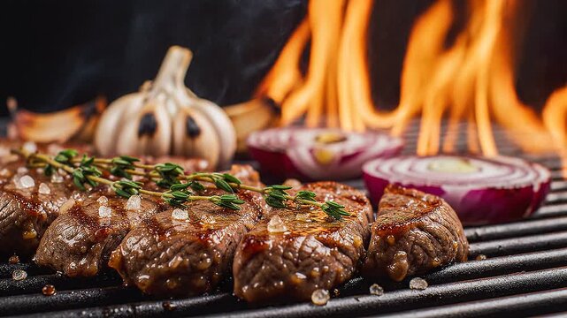 BBQ Steak Medallions Garlic Red Onion Charcoal Fire Food Commercial 4K