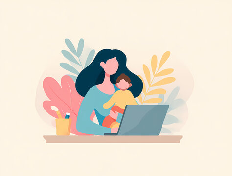 Flat-Illustration einer digitalen Nomadin, die Arbeit und Wellness in der Natur in Einklang bringt &ndash; Homeoffice und Remote-Arbeit