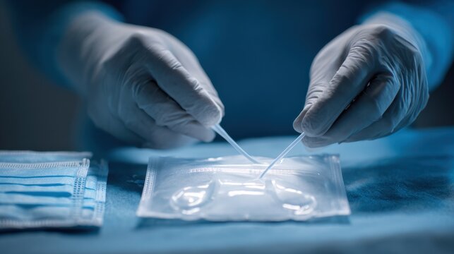 Detailed view of ileostomy pouch maintenance featuring precise handling and gloves background intentionally blurred to isolate action.