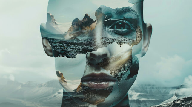  Creative double exposure portrait background with mountain landscape and waterfall blending with human face