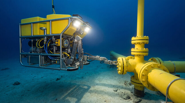 Remotely operated underwater vehicle inspecting yellow oil pipe on seabed. Professional robot working in deep ocean for pipeline maintenance. Industrial engineering and offshore technology.