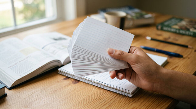 person reviewing flashcards for study session at home desk with books and notebook