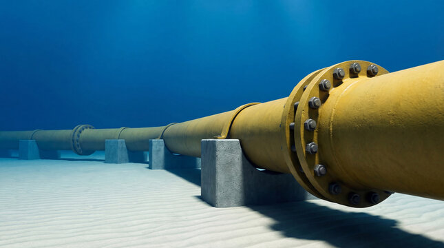 Industrial yellow pipeline resting on the seabed. Large underwater pipe transport system for oil or gas distribution. Engineering infrastructure and subsea marine technology equipment.