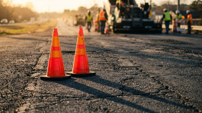 road construction scene with traffic cones and workers under warm sunset lighting