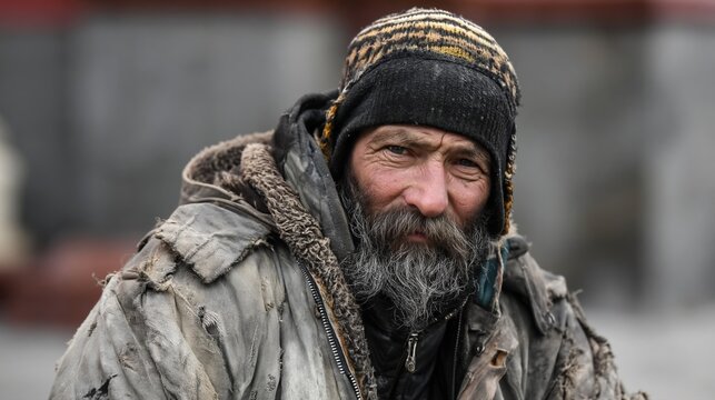 Homme barbu souriant avec bonnet et veste d'hiver dans la rue