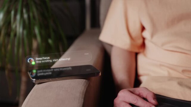 Horizontal shot of a phone with an AR floating message "Deep Focus: Stop scrolling, start achieving!". Modern productivity and tech concept.