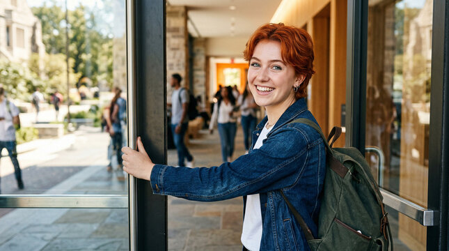 smiling young student entering university building with backpack on sunny day