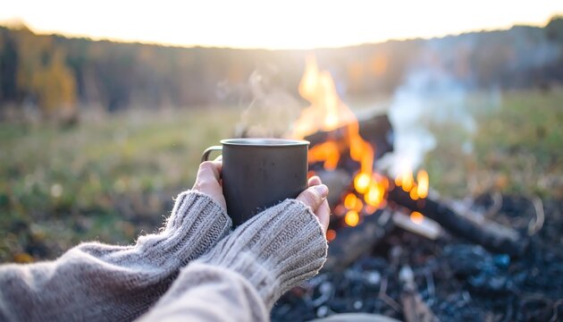 This wider shot captures hands in a cozy brown sweater holding a steaming mug, with a bright campfire burning in the background of a beautiful natural setting, emphasizing outdoor tranquility.