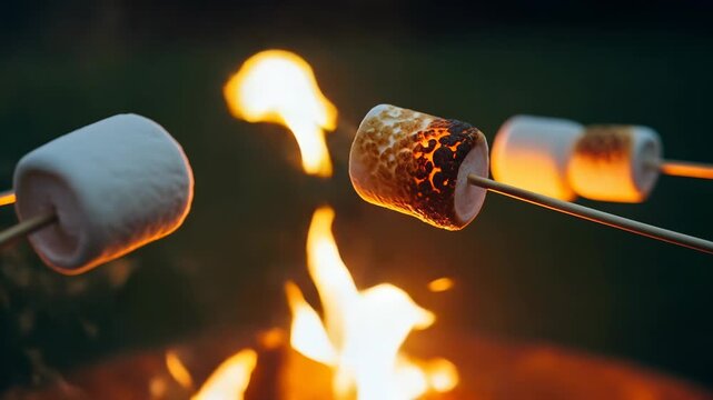 People are roasting marshmallows over a fire in a backyard. Some marshmallows are getting golden and others are sizzling. The flames are bright and the atmosphere is lively
