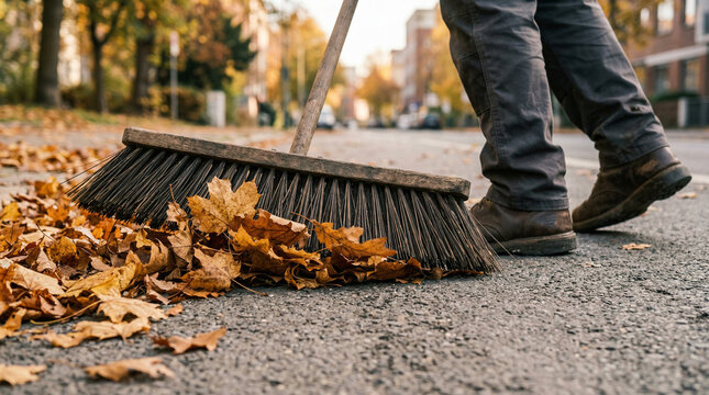 person sweeping autumn leaves on an urban street in the morning light