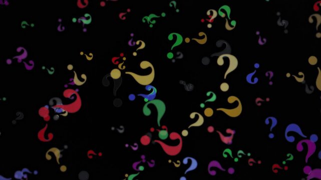 Colorful question marks dance on a black background in a lively visual display of shapes and patterns