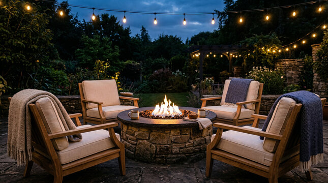 cozy fire pit surrounded by outdoor seating with string lights in a tranquil evening garden