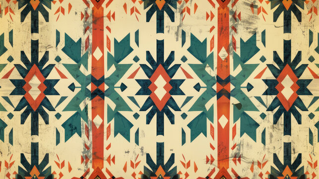 Native american tribal geometric pattern with colorful shapes and vintage grunge texture