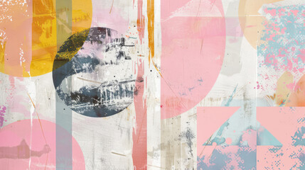 Fototapeta premium Vibrant abstract composition with colorful geometric shapes, dots, lines and stripes with textured paint brushstrokes background