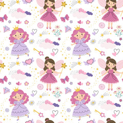 Naklejka premium Cute seamless pattern with fairies, princess, clouds, stars, fantasy elements. Simple pastel kids background