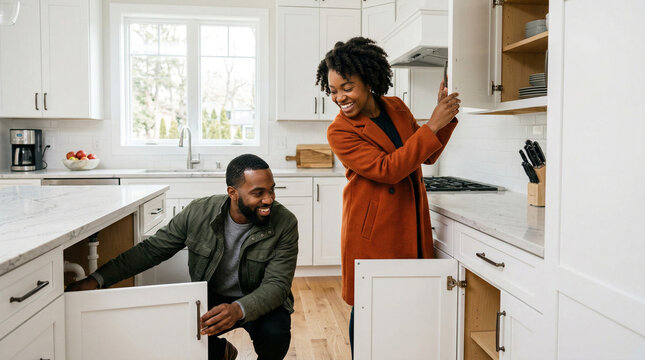 happy couple organizing kitchen cabinets in bright modern home interior