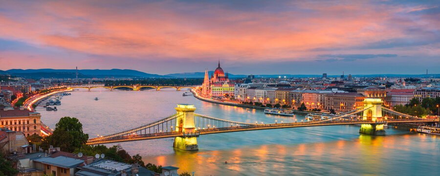 Sunset skyline panorama of Budapest, Hungary