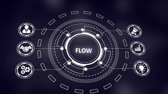 Futuristic Digital Diagram Illustrating Business Process Flow with Icons and Central Text technology