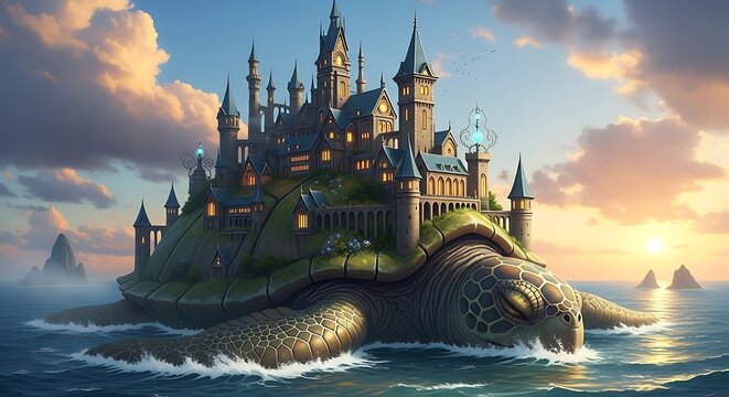 fantasy castle on turtle back in ocean at sunset