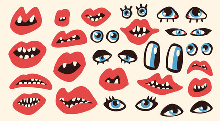 Various human Mouths, Eyes set. Teeth, red lips, eyelashes, pupils. Various mimic, emotions, expressions. Hand drawn trendy Vector illustration. isolated design elements