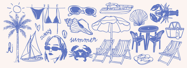 Summer, vacation set. Palm, sun, beach chairs, umbrella, picnic table, crab, sea shell, boat, basket, slippers. Hand drawn Vector illustration. Isolated design elements. Relax, holiday concept