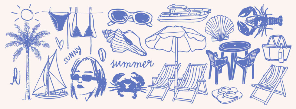 Summer, vacation set. Palm, sun, beach chairs, umbrella, picnic table, crab, sea shell, boat, basket, slippers. Hand drawn Vector illustration. Isolated design elements. Relax, holiday concept