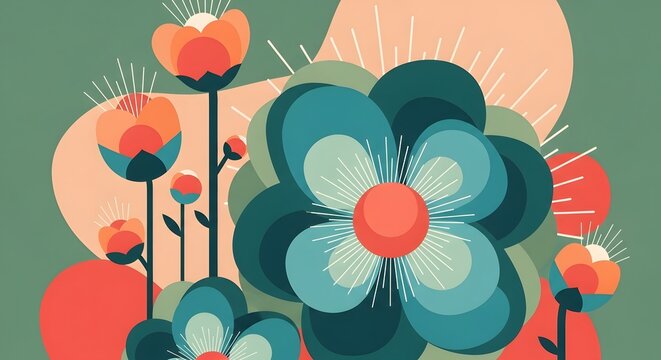 Abstract geometric flower garden with layered teal and orange petals. Retro floral background and mid century modern botanical art. Stylized blooms arranged in a colorful composition.