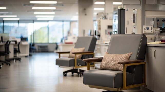 Medium shot of a twochair bay in an onsite lab highlighting phlebotomy chairs with specimen passthrough compartments blurred in the background.