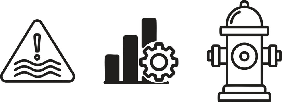 Industrial icons, warning signs, gear and hydrant symbols, industrial equipment, mechanical vector graphics