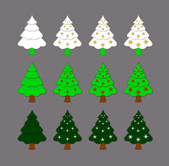 Fototapeta premium Set of twelve stylised Christmas trees in snow-covered white, bright green, and forest green, isolated on a dark grey background for use in game assets or holiday graphics 
