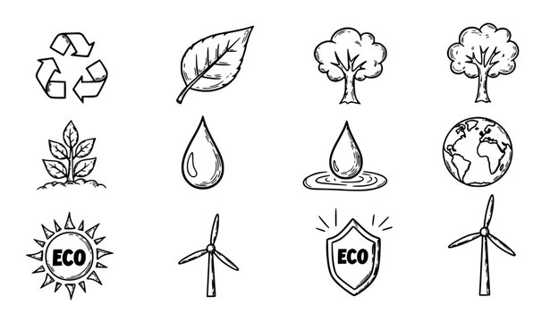 Hand drawn ecology icons black and white vector set with recycling nature and sustainability doodles