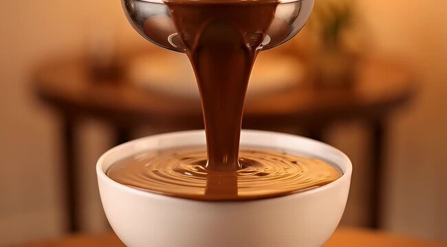Melted Chocolate Pouring into a White Bowl Creates Beautiful Concentric Patterns