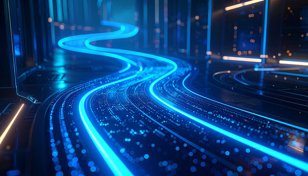 Digital Data Highway: A futuristic, neon-lit pathway, embodying the rapid movement of digital data. The scene pulses with energy, visualizing the speed and dynamism of modern information transfer.