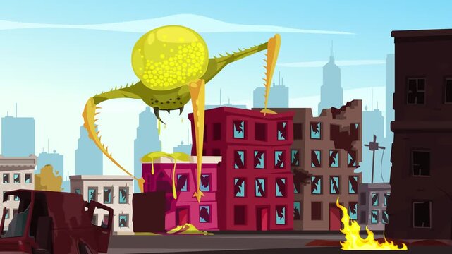 A huge spider-like alien has attacked the city and is destroying buildings. Vector cartoon animation in flat art style with camera movement