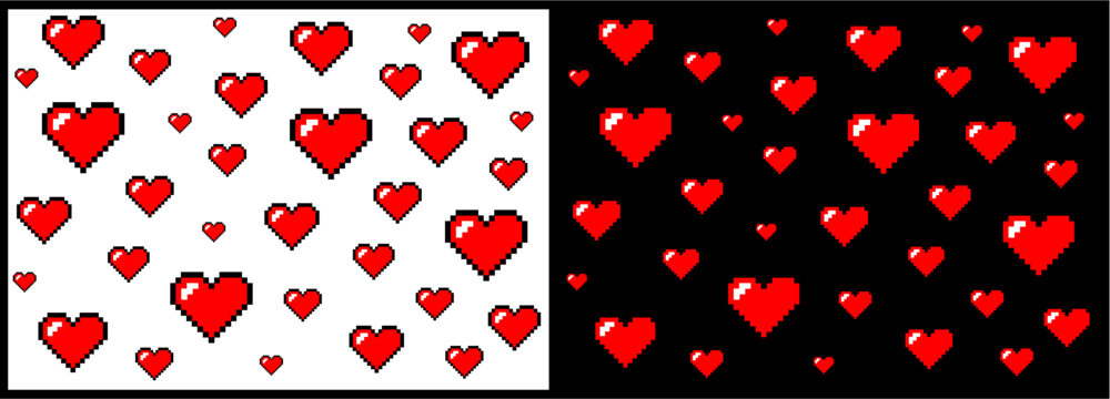 A split-screen graphic showcasing a pixelated red heart pattern on both white and black backgrounds. The digital hearts vary in size, creating a retro gaming or romantic aesthetic.