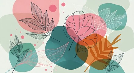 Naklejka premium Abstract line art leaves and floral shapes on colorful blobs. Modern collage and creative patterns. Delicate botanical outlines layered over organic pink and teal watercolor splashes.