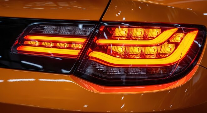 Close Up Of Bright Orange Sports Car Tail Light Illuminated At Night With Red Glow