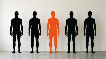 One of Five People Standing Out With Different Identity. One highlighted orange human figure stands among five dark silhouettes on a clean background, representing courage to be different, individual