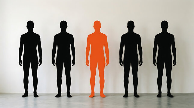 One of Five People Standing Out With Different Identity.  One highlighted orange human figure stands among five dark silhouettes on a clean background, representing courage to be different, individual