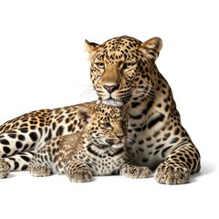 Obraz premium Adult Leopard with Cute Cub Isolated on White Background