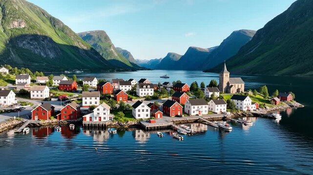 Scenic aerial view of Vikoyri village, the administrative hub of Vik municipality in the historic Sogn og Fjordane county of Norway, featuring traditional architecture near the majestic fjord shore.
