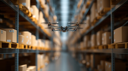 Autonomous drone flying between high warehouse racks scanning barcodes, advanced logistics automation