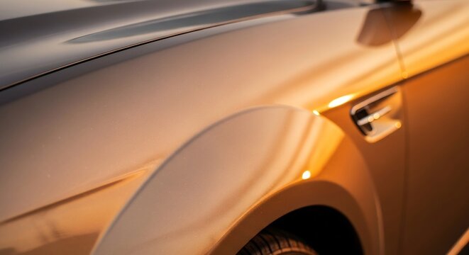 Closeup of a sleek modern cars bodywork reflecting warm sunlight showcasing design and luxury.