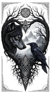 Celtic Wolf and Raven Mystical Heart Illustration