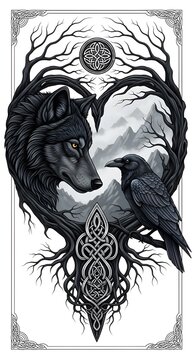 Celtic Wolf and Raven Mystical Heart Illustration
